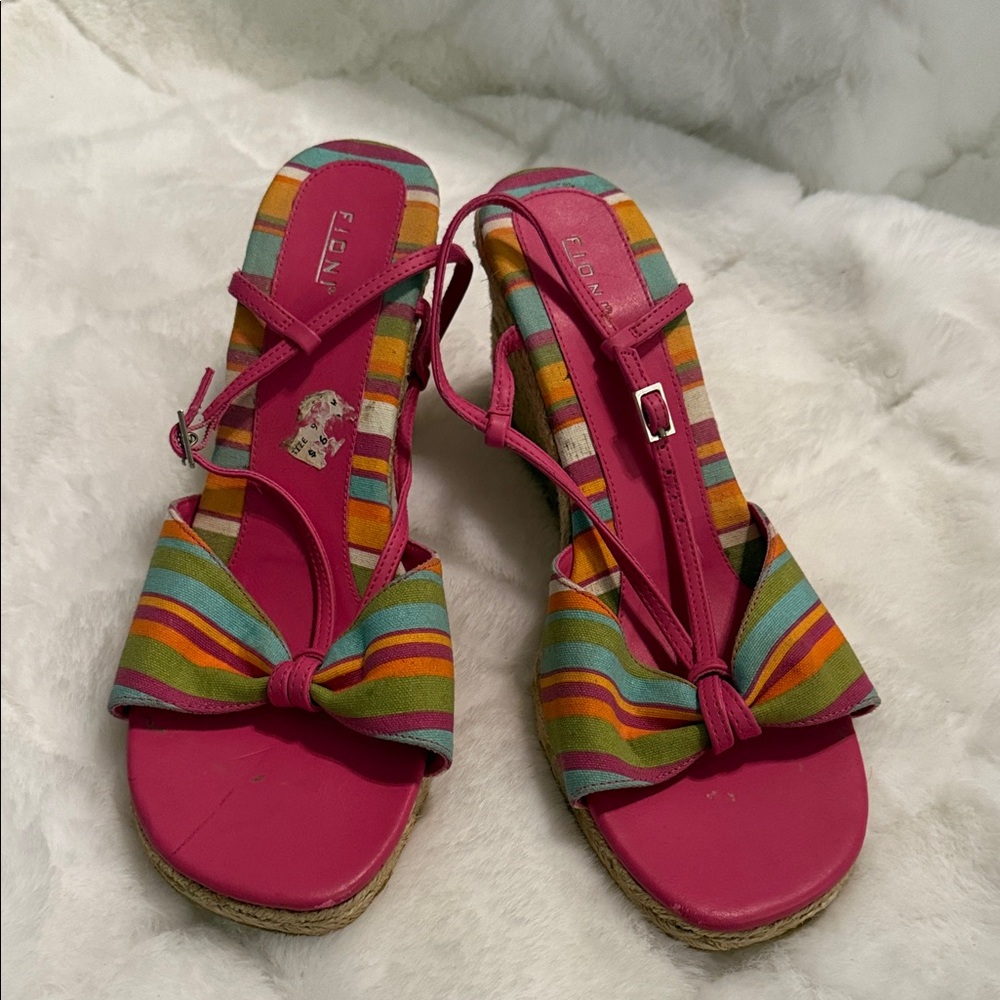 Bright Pink Striped Bow Slingback Sandals